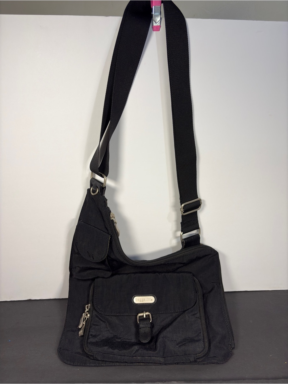 Baggallini Uptown Slim Sling Crossbody Nylon Bag, asymmetrical shape, Black